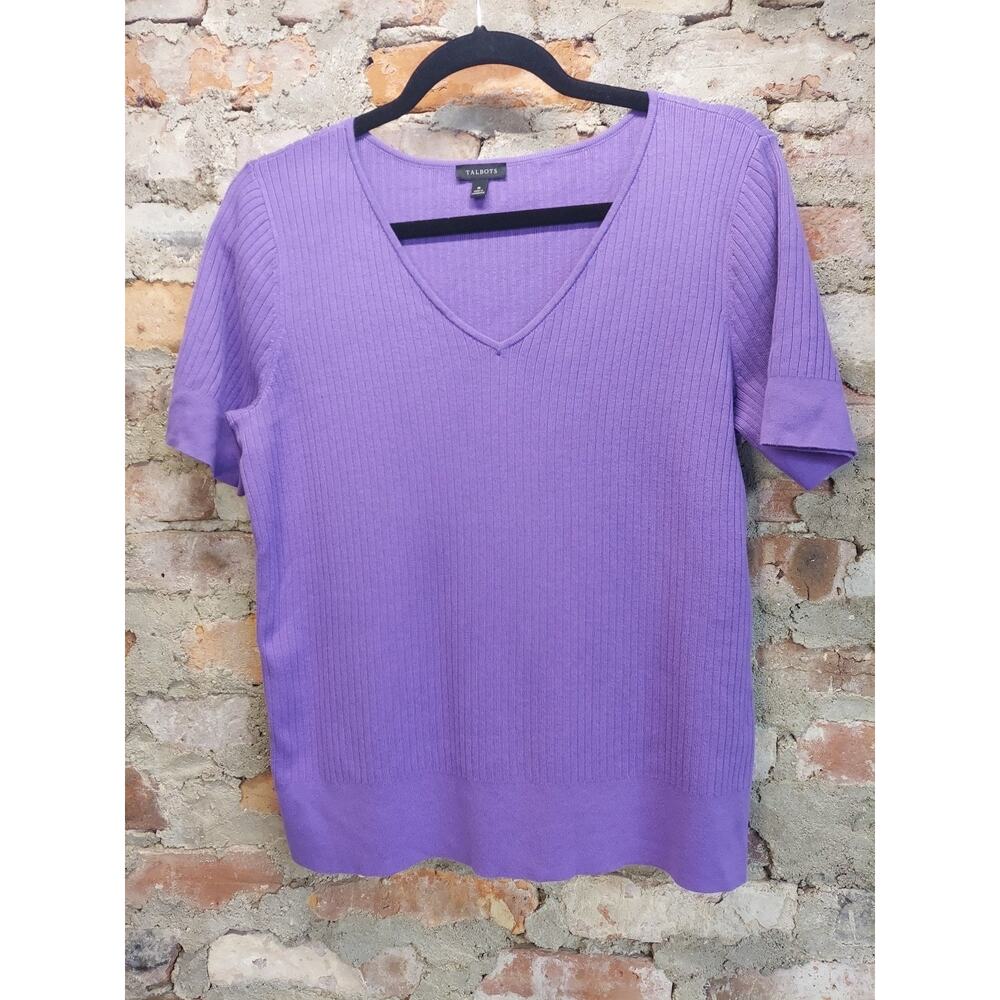 Talbots Womens Short Sleeve V Neck Ribbed Knit Pullover Sweater M Purple